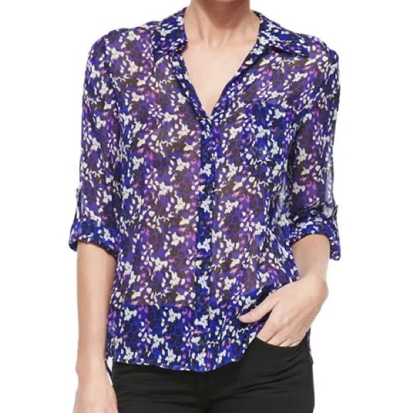 Diane Von Furstenberg Lorelei Silk Blue Floral Long Sleeve Blouse Size